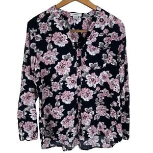 Love Potion Top Womens Large Black Pink Rose Floral Convertible Sleeve Blouse